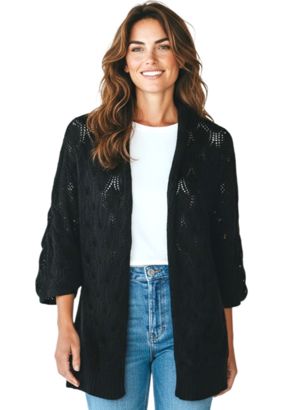 Eight Eight Eight Black Cotton Pointelle Shawl Collar Open Front Cardigan (M)
